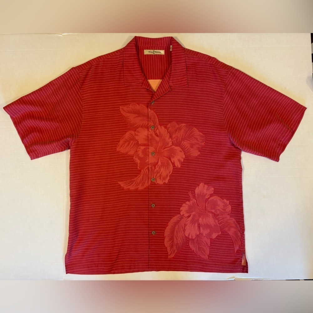 Tommy Bahama striped tropical floral Hawaiian 100% silk shirt size XL